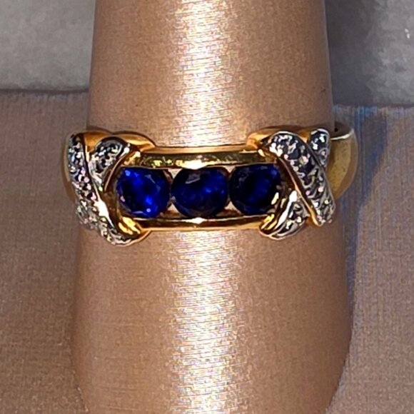 Camrose & Kross Jewelry - Silver 925 Gold Tone Ring Blue Faux Sapphires X Crystals Size 9.5